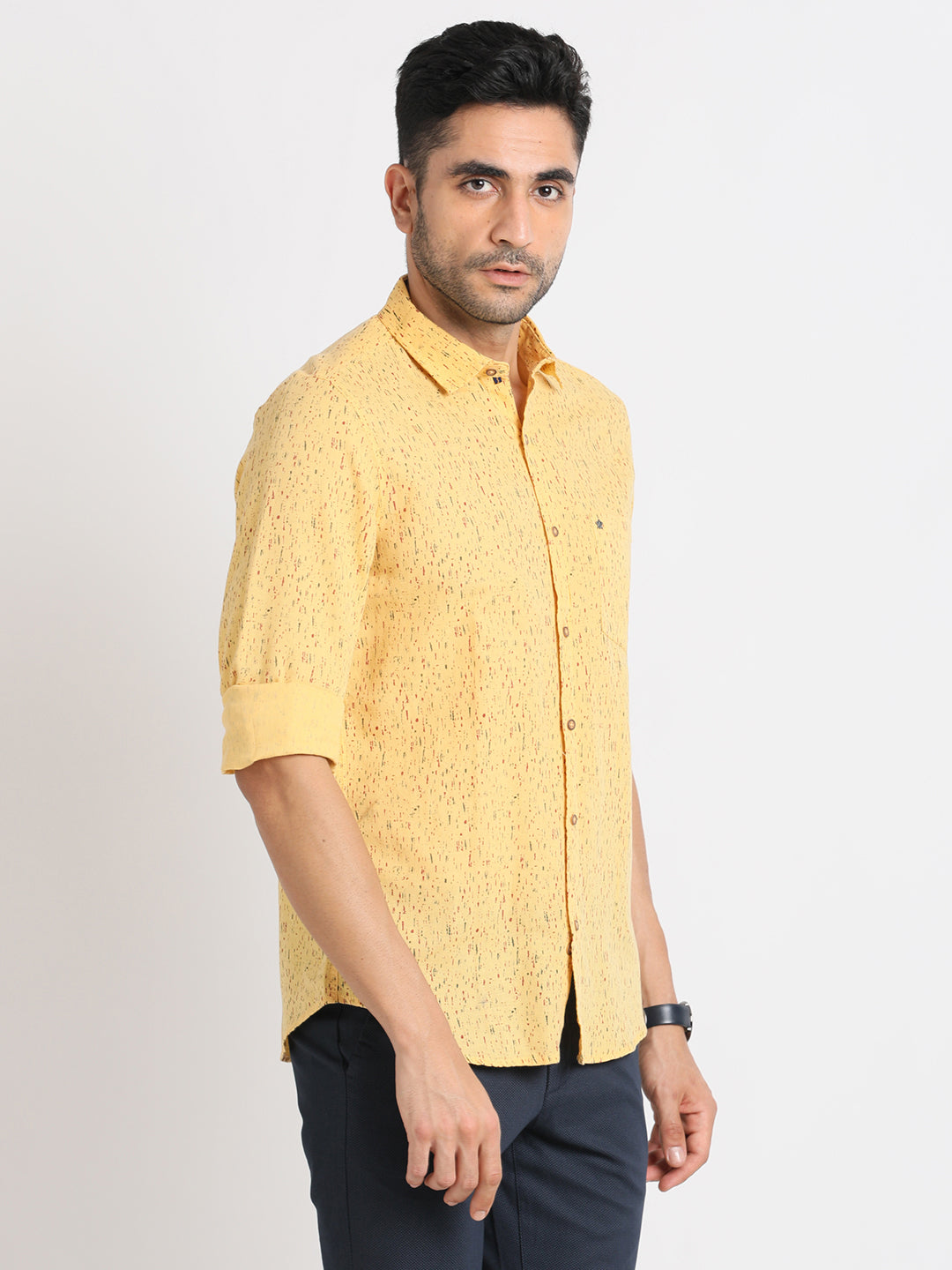 Cotton Linen Yellow Printed Slim Fit Full Sleeve Casual Shirt