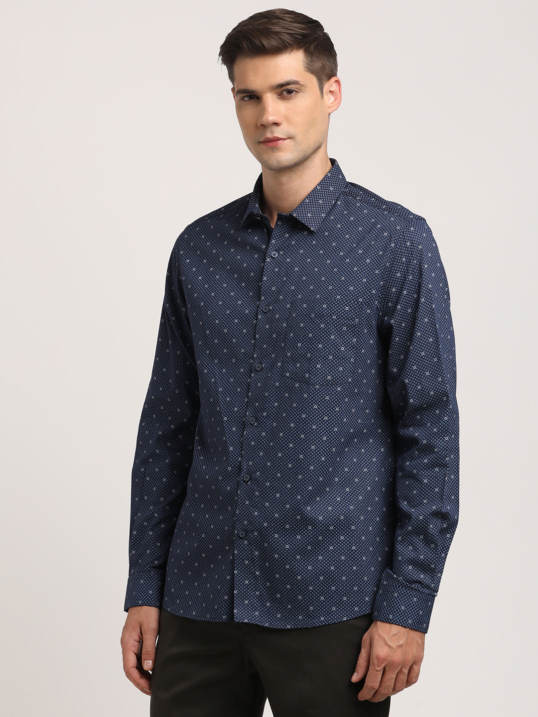 100% Cotton Blue Printed Slim Fit Full Sleeve Formal Shirt