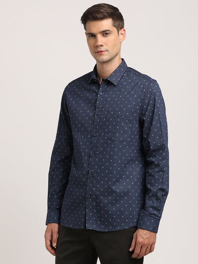 100% Cotton Blue Printed Slim Fit Full Sleeve Formal Shirt