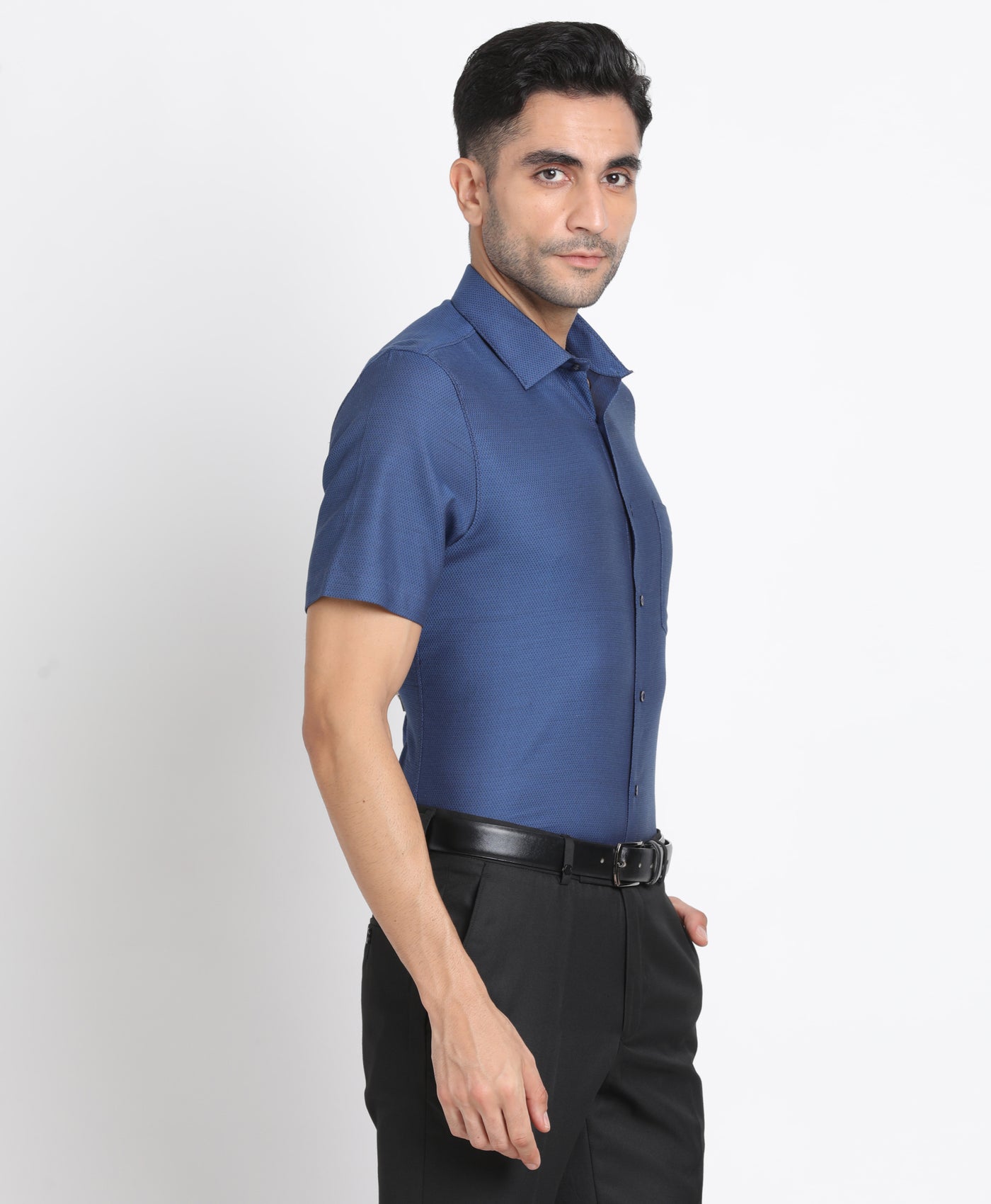 100% Cotton Blue Dobby Slim Fit Half Sleeve Formal Shirt