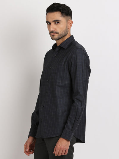 100% Cotton Black Checkered Slim Fit Full Sleeve Formal Shirt