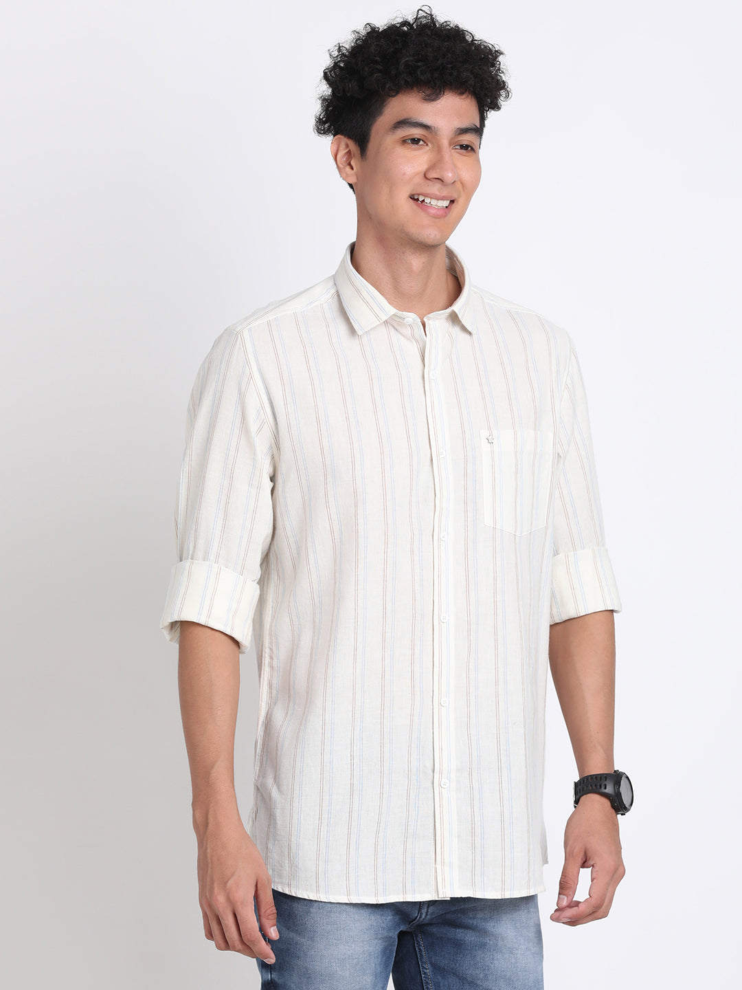 Khadi Cream Striped Slim Fit Full Sleeve Casual Shirt