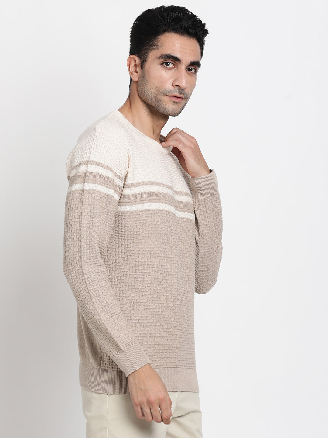 Knitted Beige Striped Regular Fit Full Sleeve Casual Pull Over