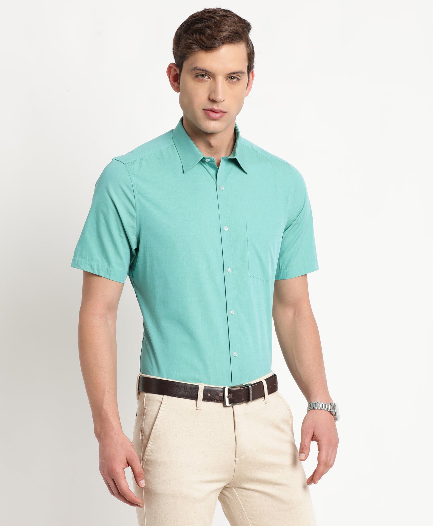 100% Cotton Dark Green Plain Regular Fit Half Sleeve Formal Shirt