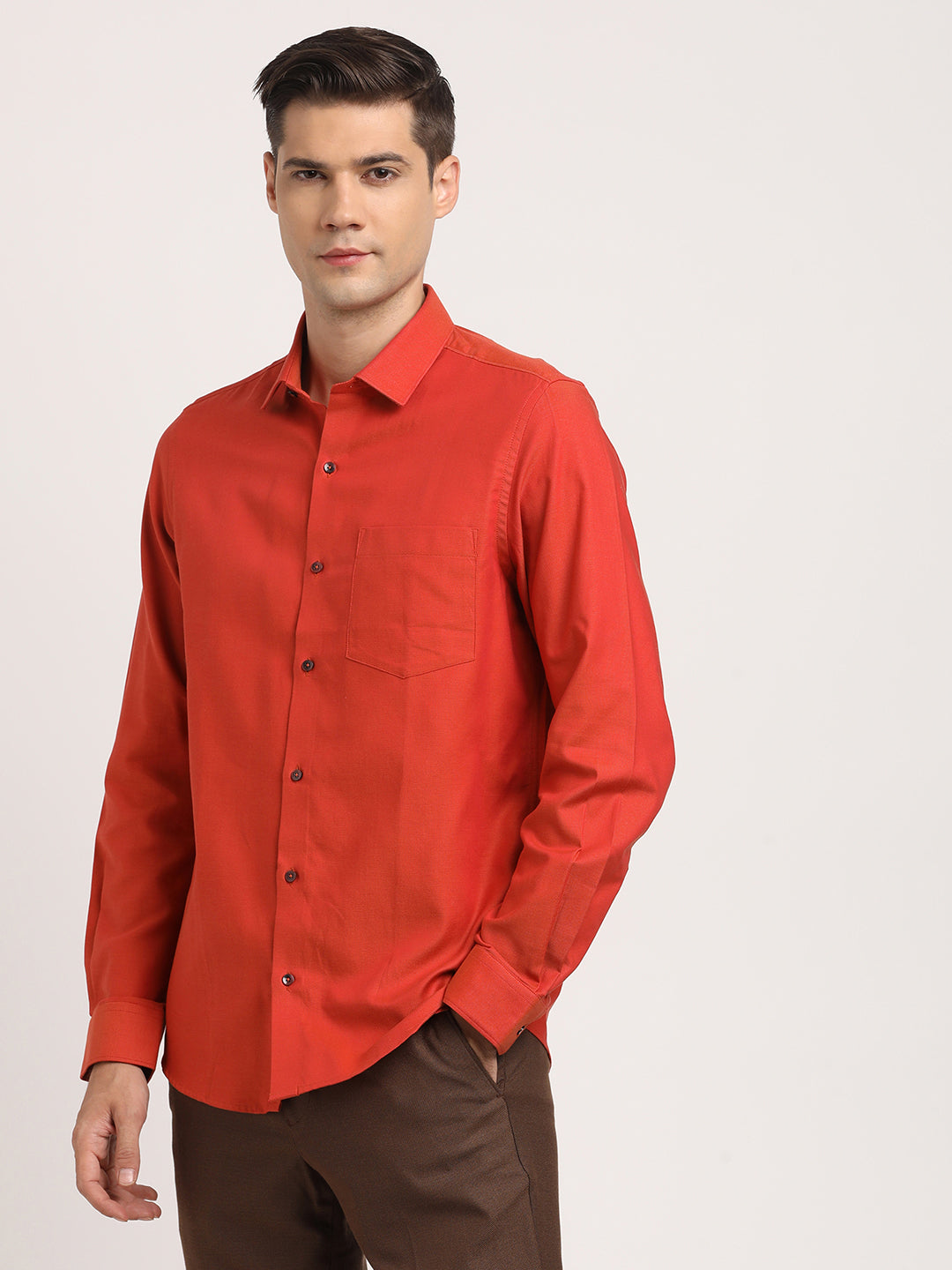 100% Cotton Orange Dobby Slim Fit Full Sleeve Formal Shirt