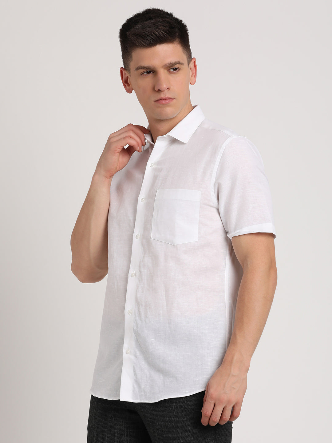 Cotton Linen White Plain Slim Fit Half Sleeve Formal Shirt