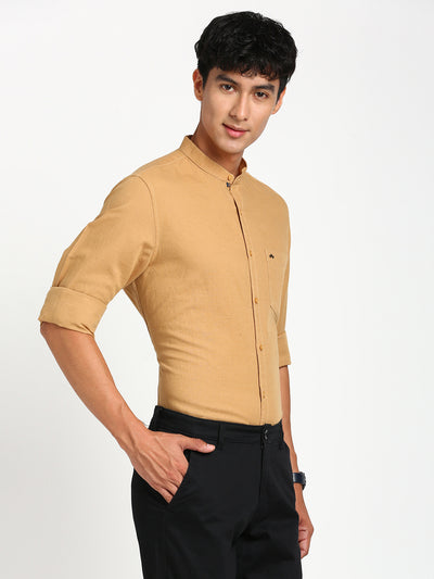 Cotton Linen Khaki Plain Slim Fit Full Sleeve Casual Shirt