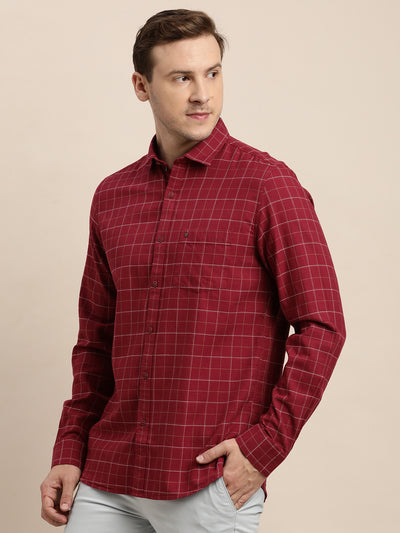 100% Cotton Maroon Checkered Slim Fit Full Sleeve Casual Shirt