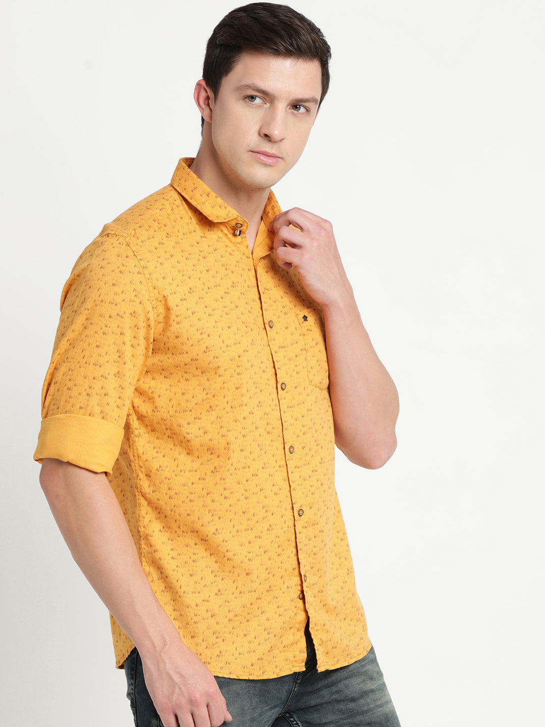 100% Cotton Mustard Printed Slim Fit Full Sleeve Casual Shirt