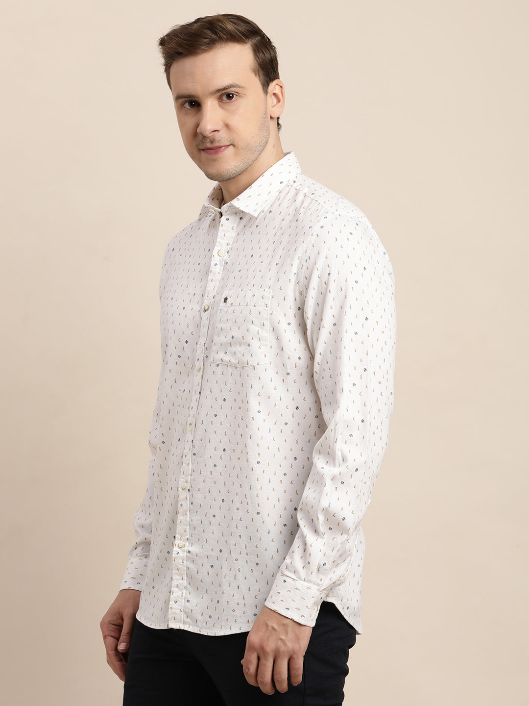 100% Cotton White Printed Slim Fit Full Sleeve Casual Shirt