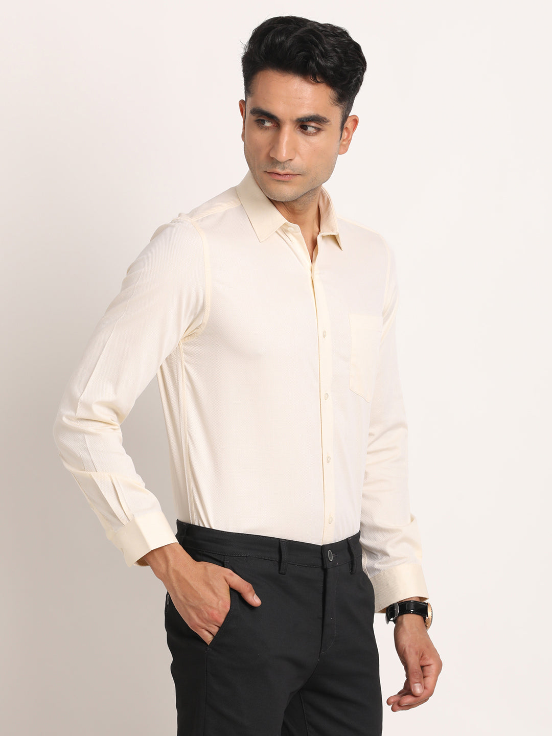 100% Cotton Beige Dobby Slim Fit Full Sleeve Formal Shirt