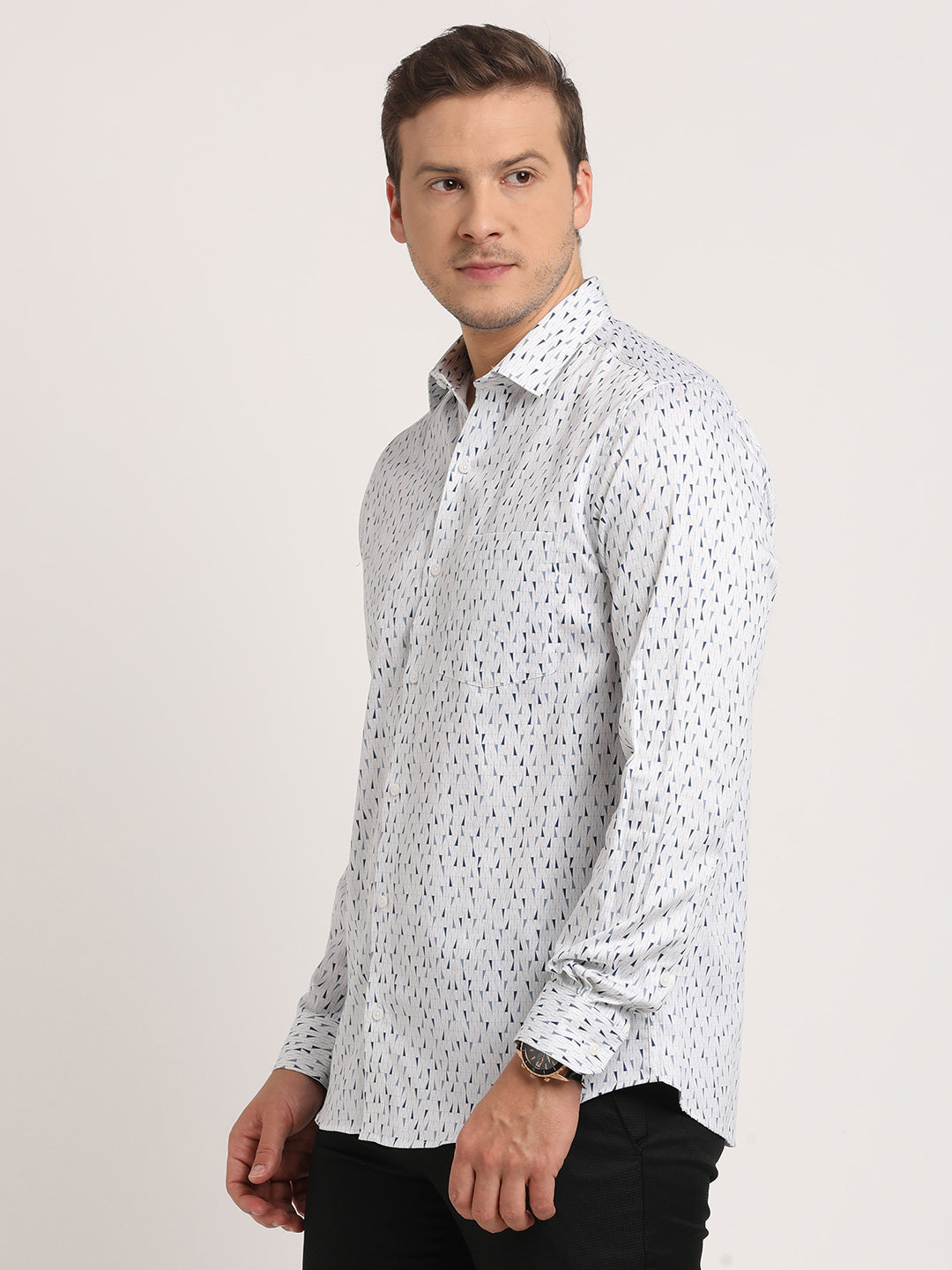 100% Cotton Grey Printed Slim Fit Full Sleeve Formal Shirt