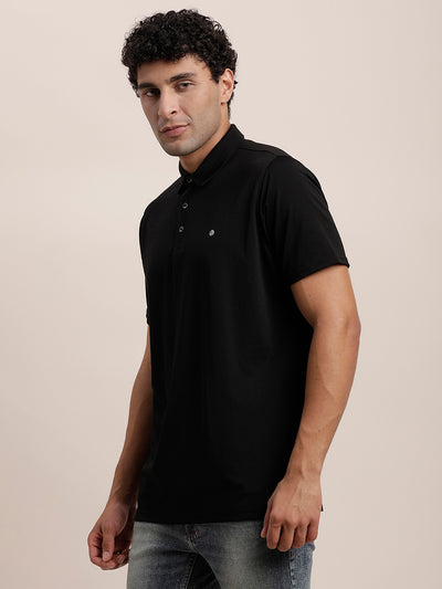 Cotton Plain Black Polo Neck T-Shirt