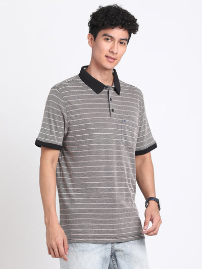 Knitted Dark Grey Striped Polo Neck Half Sleeve Casual T-Shirt