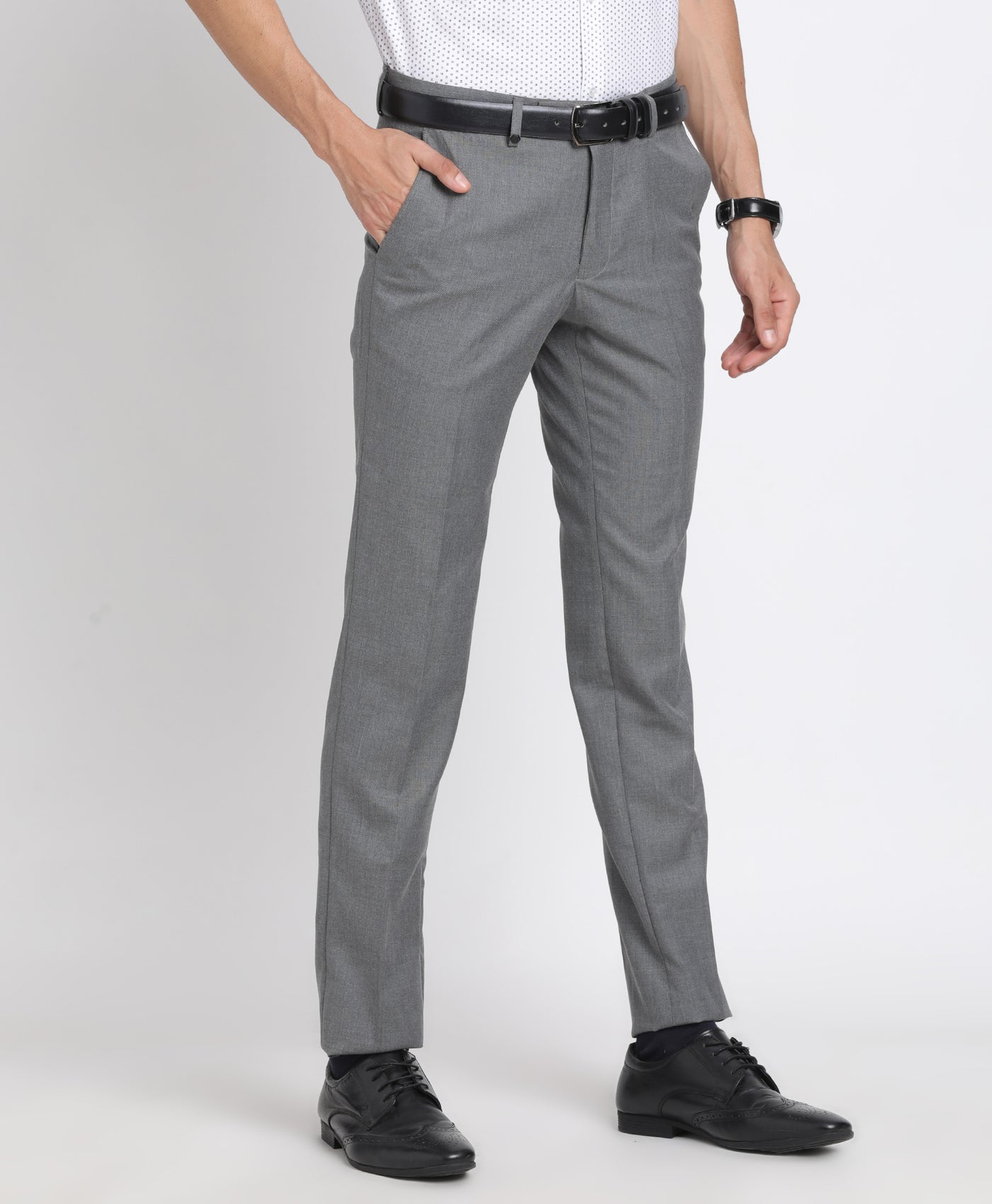 Poly Viscose Grey Plain Slim Fit Flat Front Formal Trouser