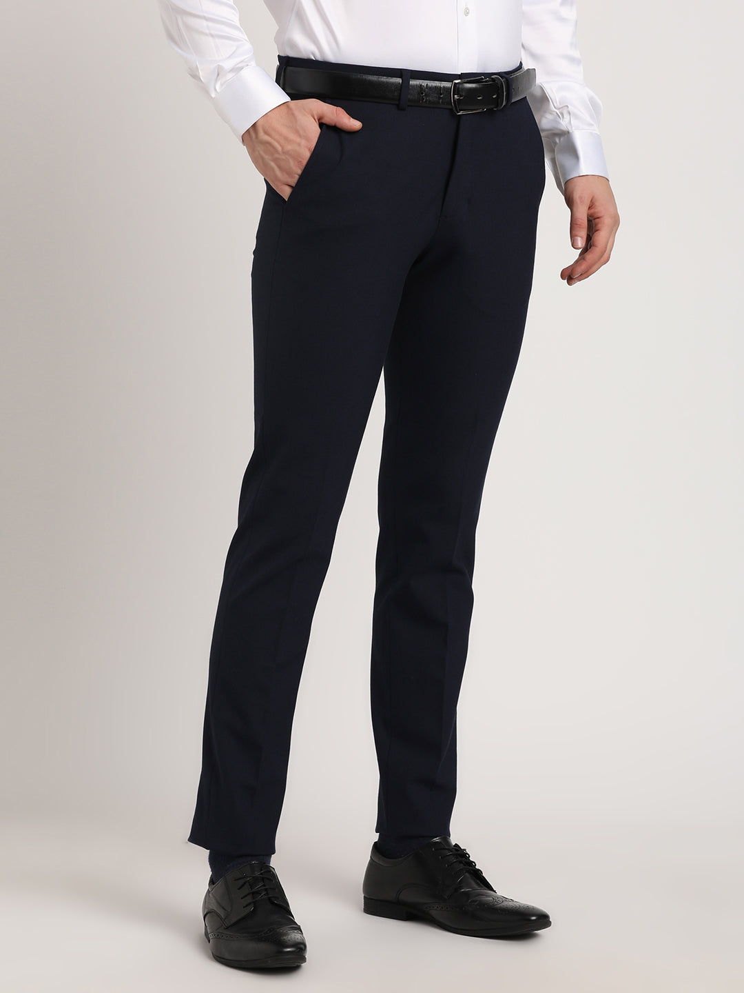 Poly Viscose Navy Blue Plain Slim Fit Flat Front Ceremonial Trouser