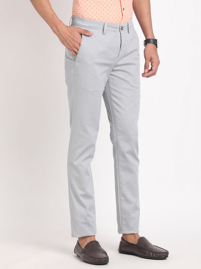 Cotton Stretch Grey Printed Narrow Fit Flat Front Casual Trouser