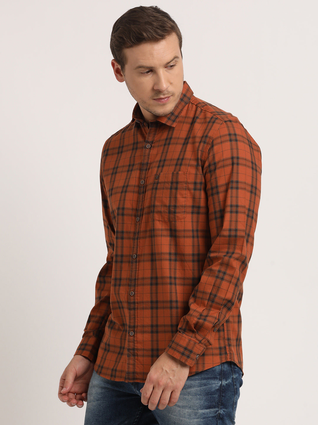 100% Cotton Orange Checkered Slim Fit Full Sleeve Casual Shirt