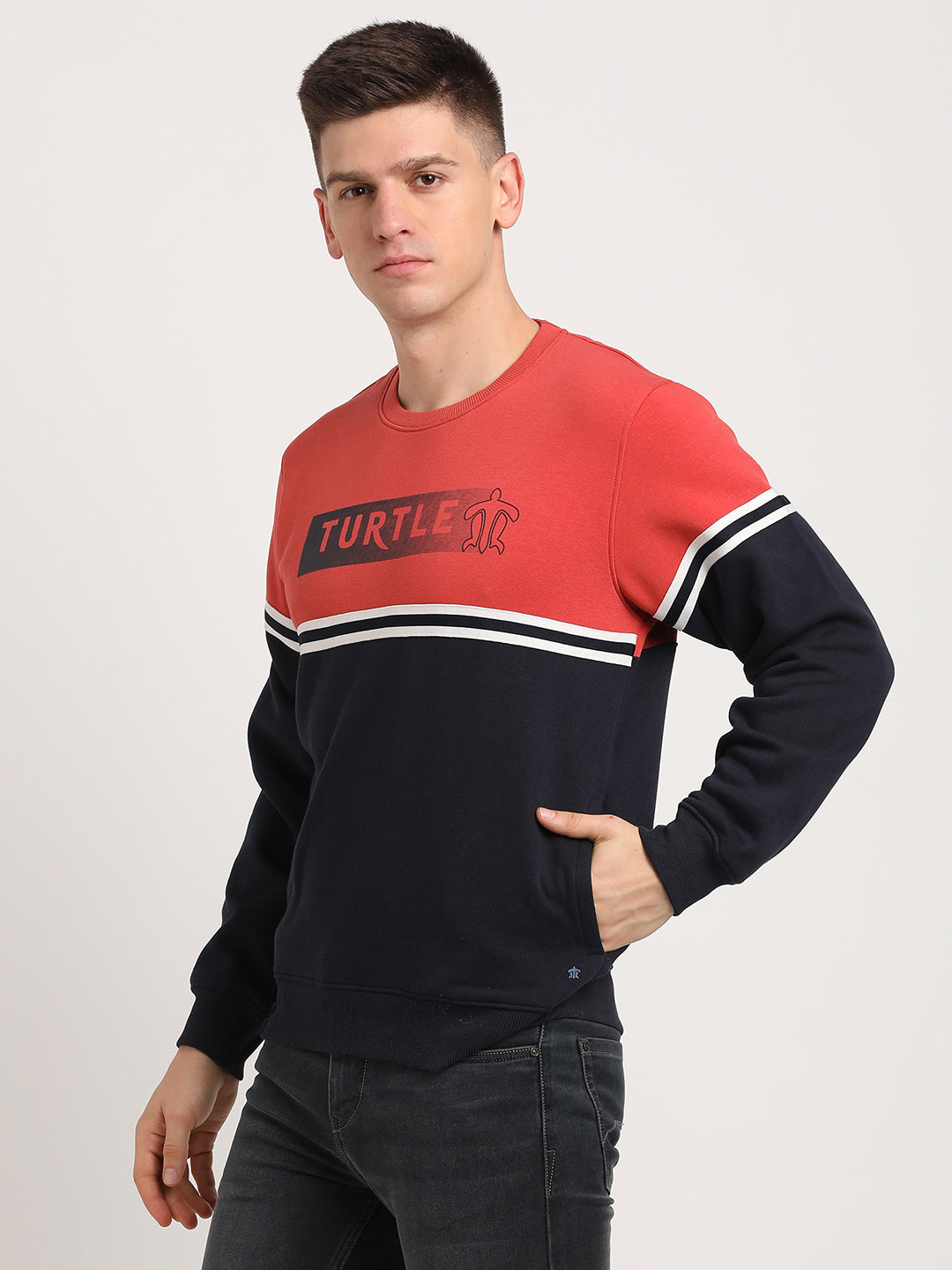 Poly Cotton Navy & Brick Red Striped Regular Fit Full Sleeve Casual Sweatshirt