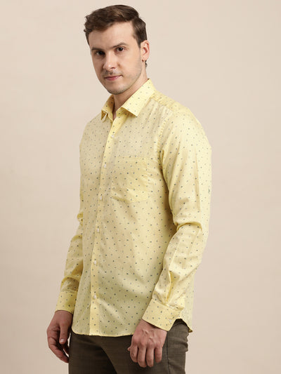 100% Cotton Yellow Printed Slim Fit Full Sleeve Formal Shirt