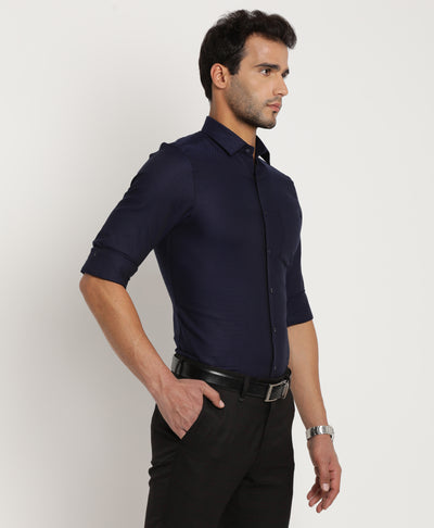 Giza Cotton Navy Blue Dobby Slim Fit Full Sleeve Formal Shirt