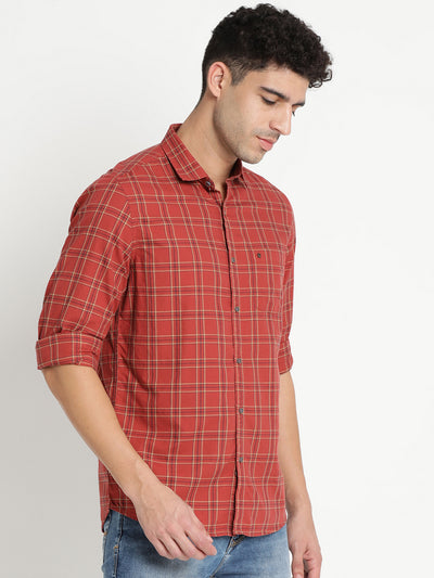 100% Cotton Maroon Checkered Slim Fit Full Sleeve Casual Shirt