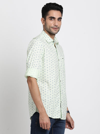 Cotton Tencel Light Green Printed Slim Fit Full Sleeve Casual Shirt