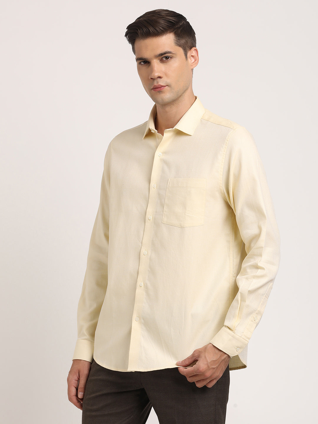 100% Cotton Beige Dobby Slim Fit Full Sleeve Formal Shirt