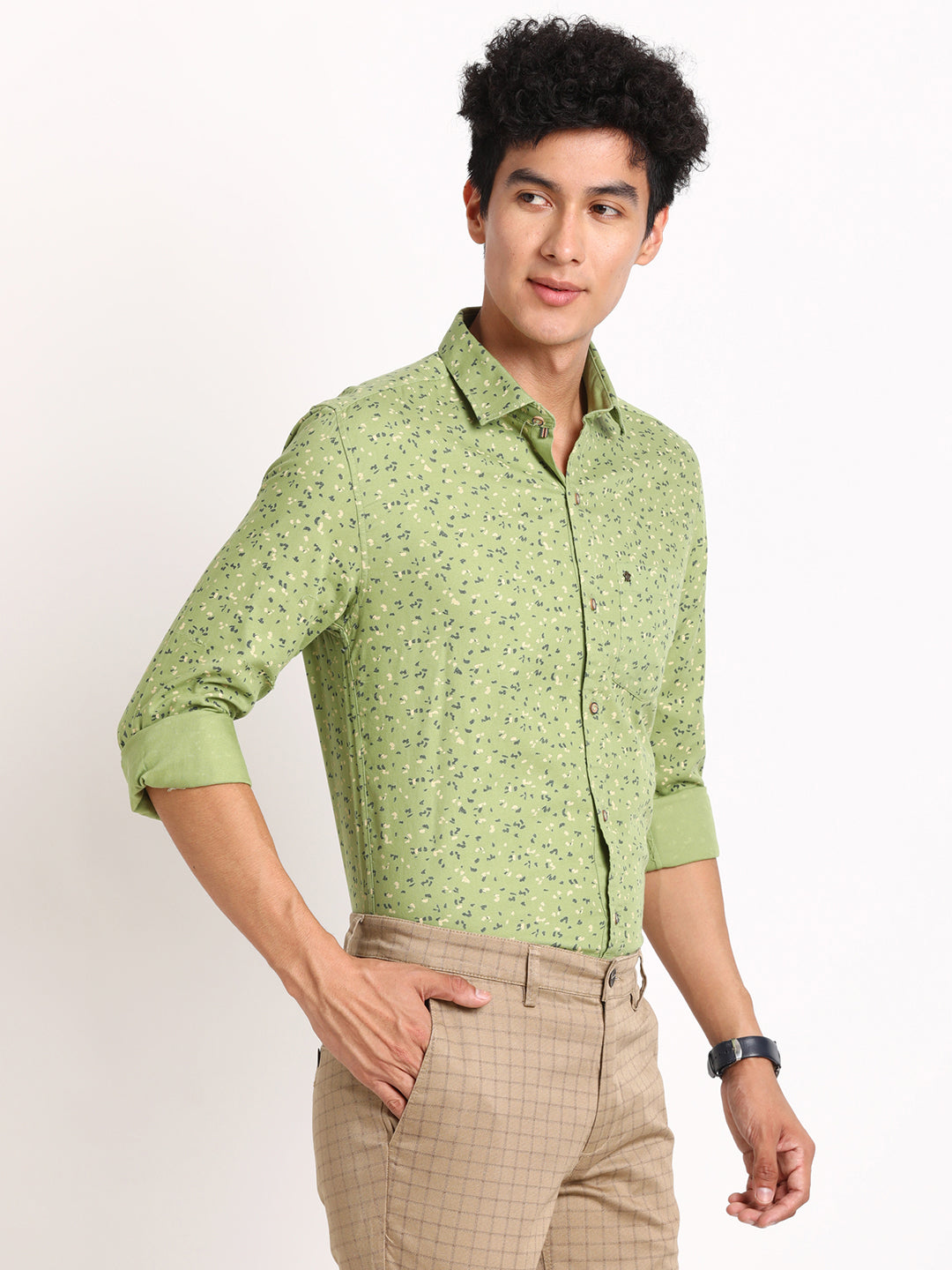 100% Cotton Light Green Printed Slim Fit Full Sleeve Casual Shirt