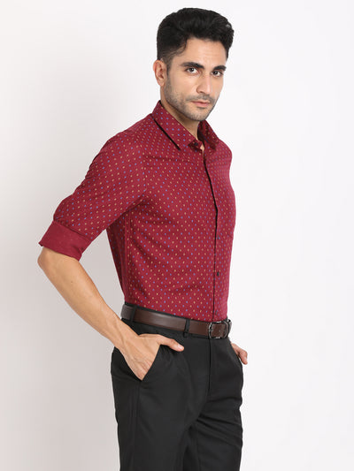 Cotton Linen Maroon Printed Slim Fit Full Sleeve Formal Shirt