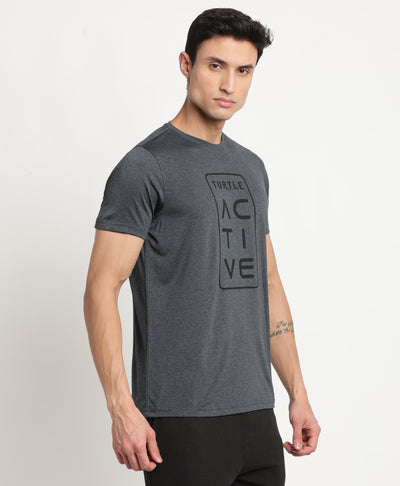 Polyester Charcoal Grey Printed Crew Neck Half Sleeve Active T-Shirt