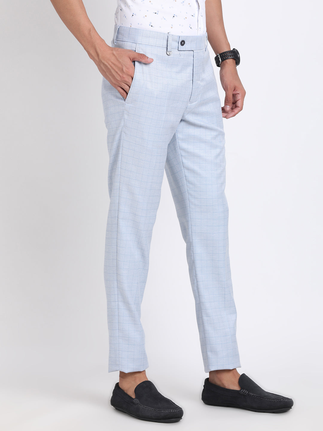Poly Viscose Light Blue Checkered Ultra Slim Fit Flat Front Formal Trouser