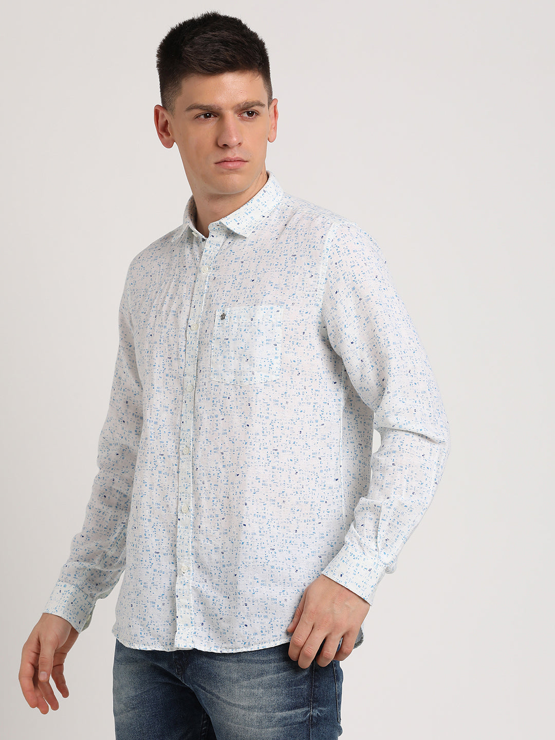 Cotton Linen White Printed Slim Fit Full Sleeve Casual Shirt