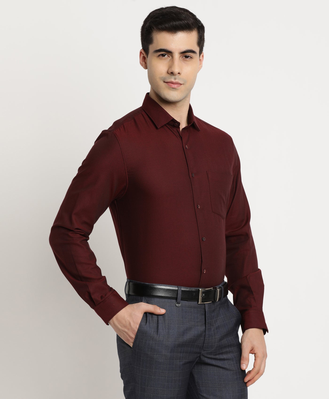 Giza Cotton Maroon Dobby Slim Fit Full Sleeve Formal Shirt