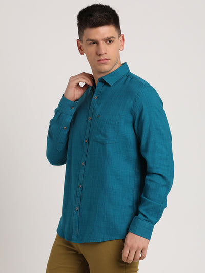 Cotton Lyocell Teal Plain Slim Fit Full Sleeve Casual Shirt