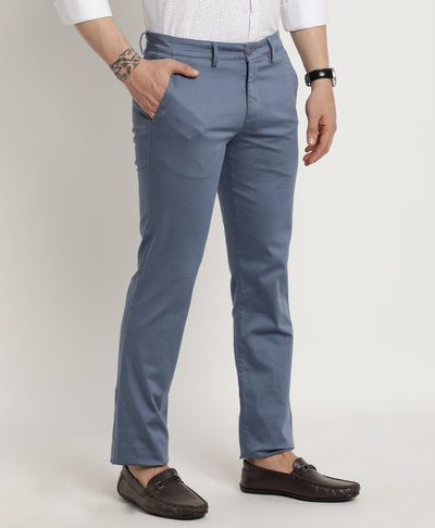 Cotton Stretch Blue Printed Ultra Slim Fit Flat Front Casual Trouser