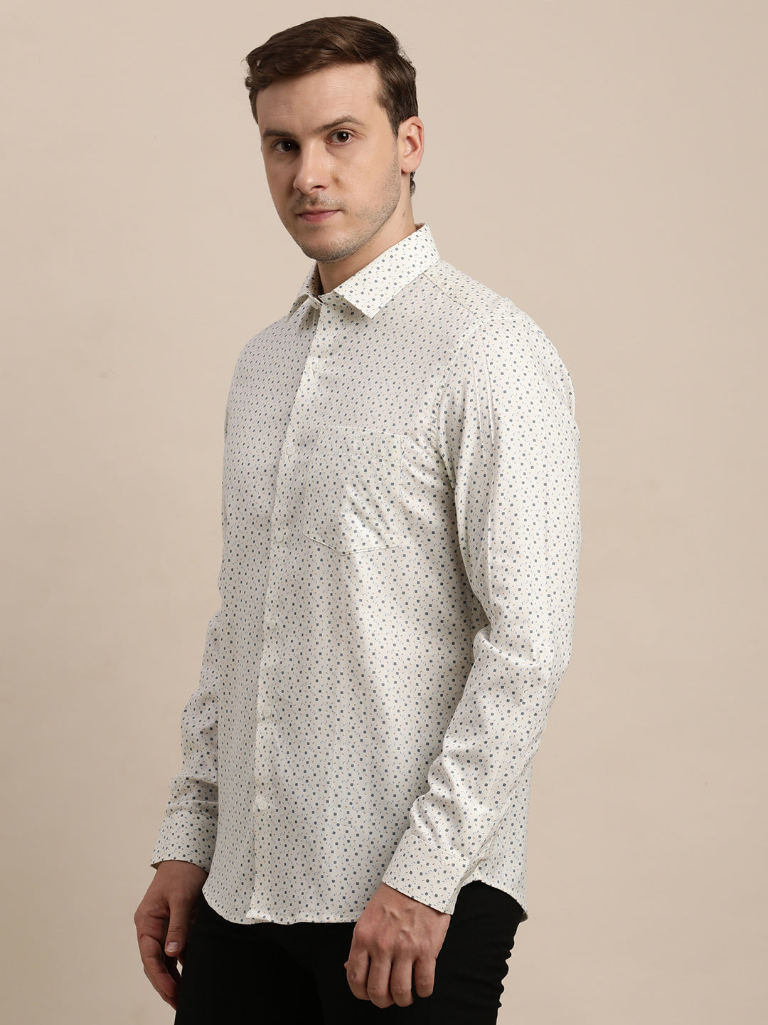 100% Cotton Cream Printed Slim Fit Full Sleeve Formal Shirt