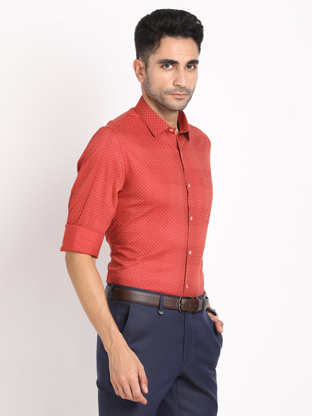 Cotton Tencel Red Printed Slim Fit Full Sleeve Formal Shirt