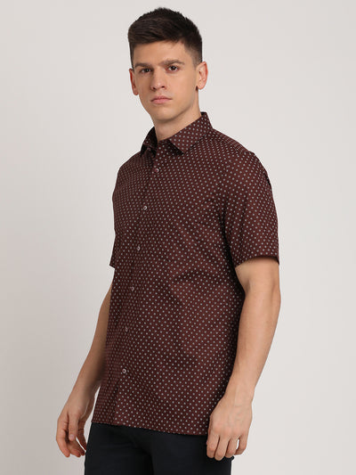 100% Cotton Brown Printed Regular Fit Half Sleeve Formal Shirt