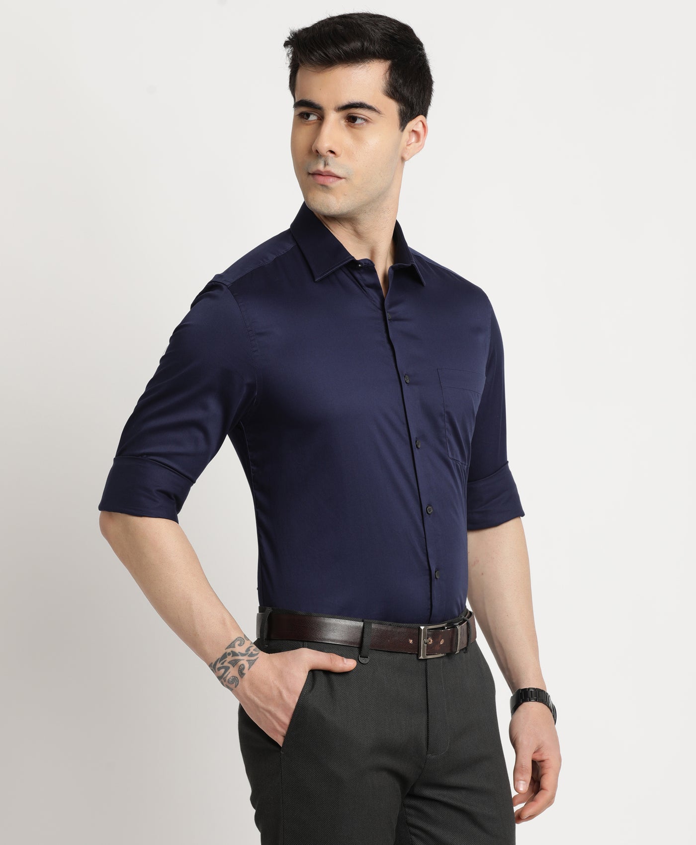 100% Cotton Navy Blue Plain Slim Fit Full Sleeve Formal Shirt