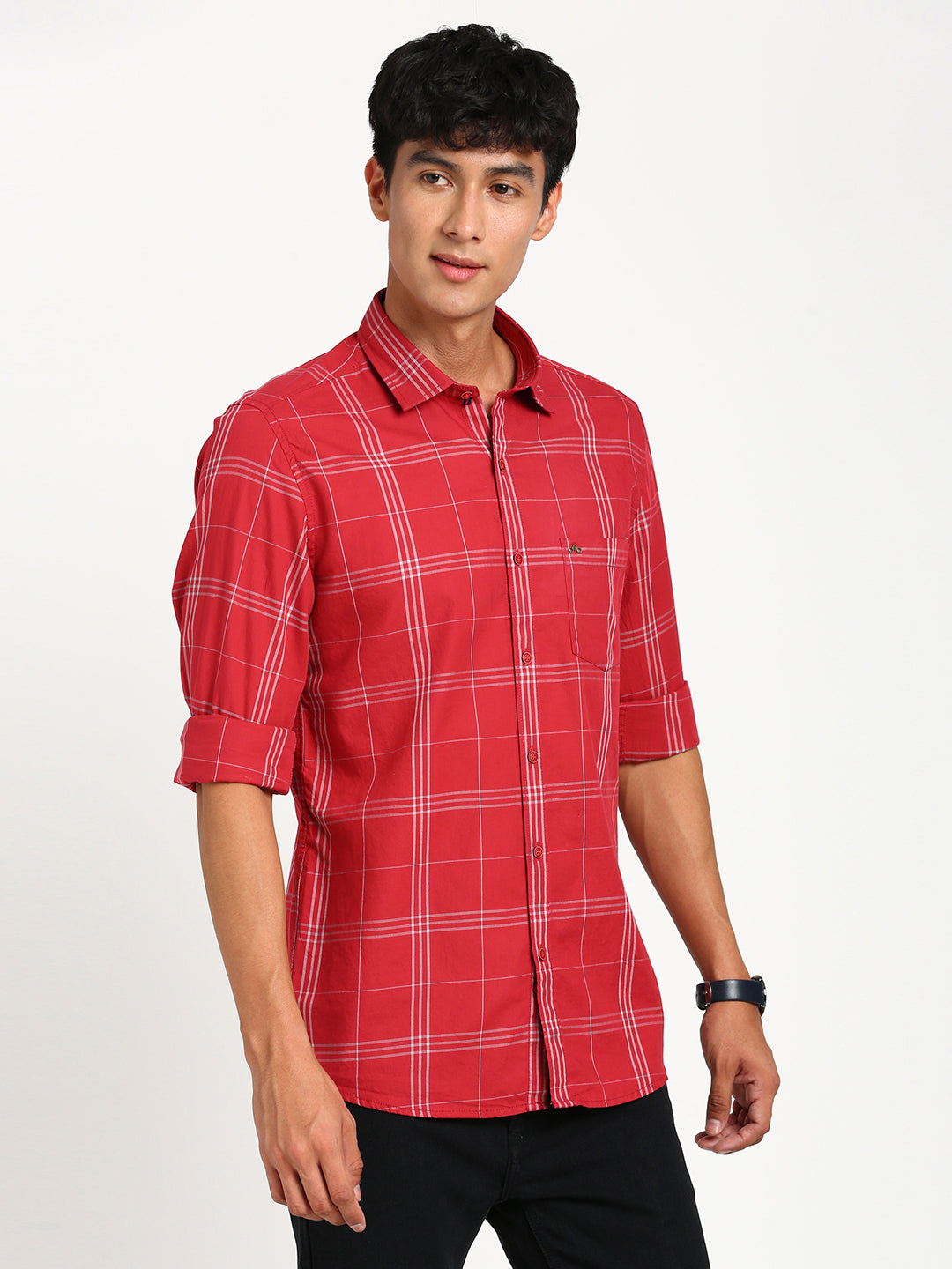 100% Cotton Red Checkered Slim Fit Full Sleeve Casual Shirt