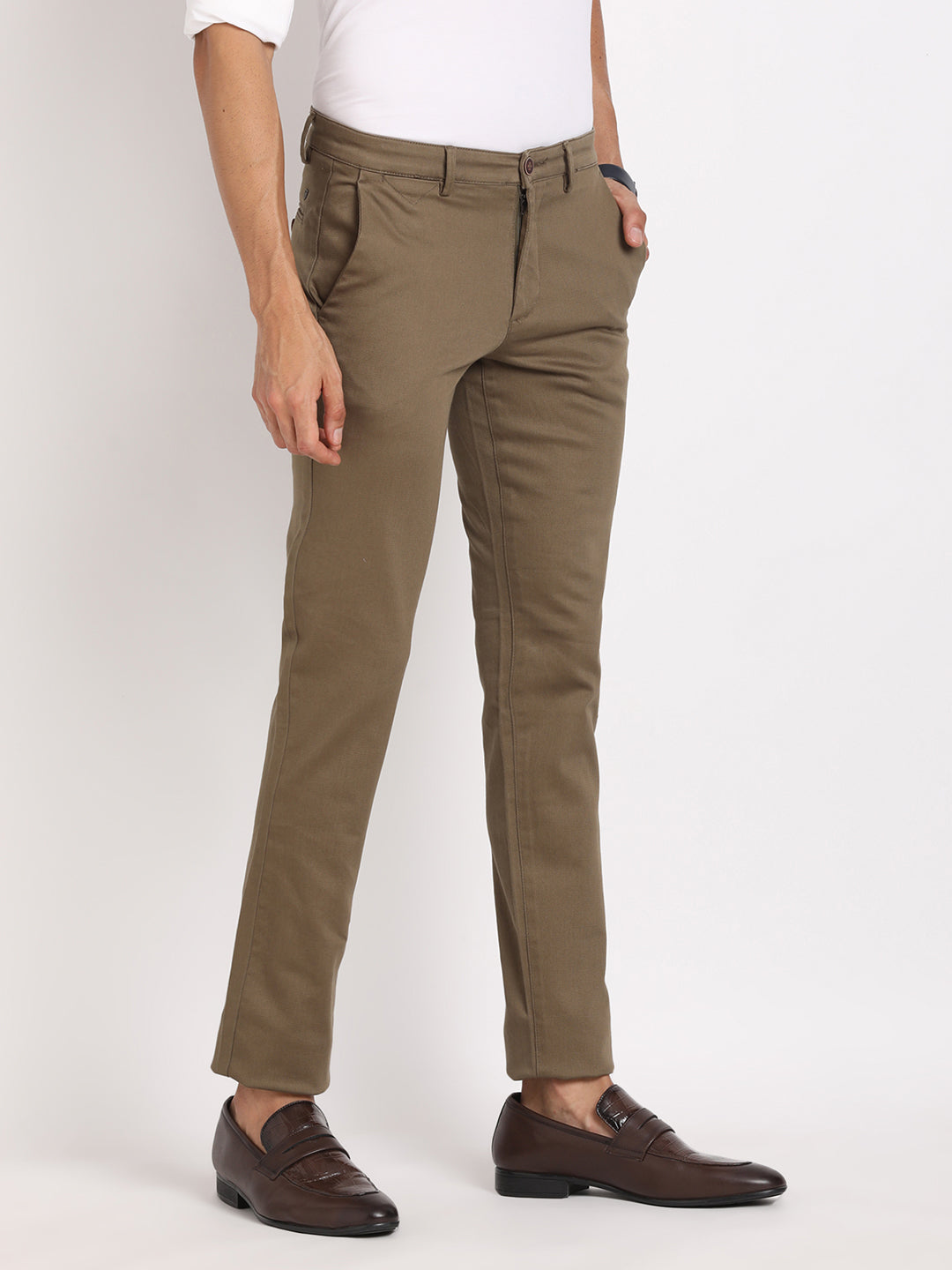 Cotton Stretch Khaki Dobby Ultra Slim Fit Flat Front Casual Trouser