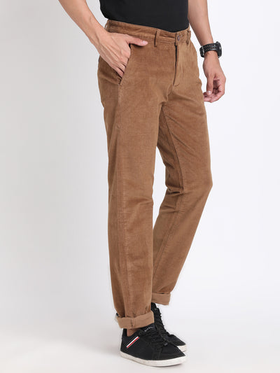 Cord Brown Plain Ultra Slim Fit Flat Front Casual Trouser