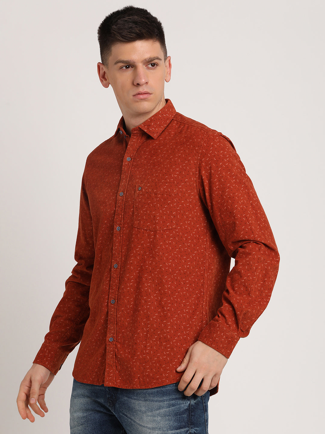 100% Cotton Rust Printed Slim Fit Full Sleeve Casual Shirt