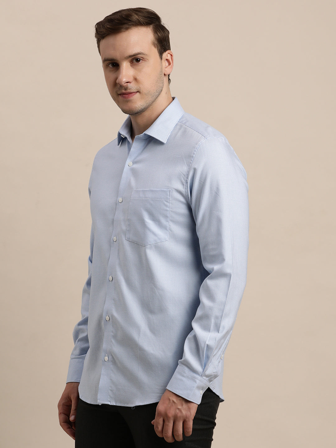 100% Cotton Blue Dobby Slim Fit Full Sleeve Formal Shirt