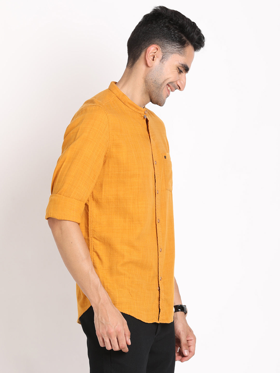 Cotton Lyocell Yellow Plain Slim Fit Full Sleeve Casual Shirt