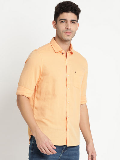 Cotton Linen Peach Plain Slim Fit Full Sleeve Casual Shirt