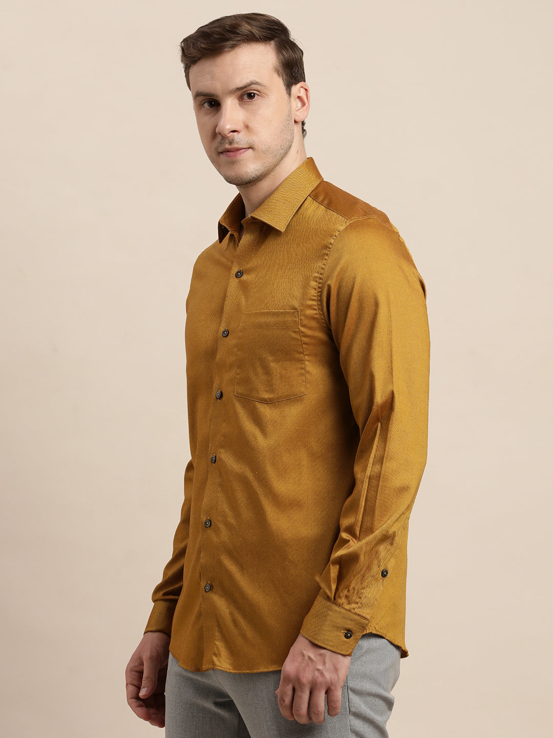 100% Cotton Mustard Dobby Slim Fit Full Sleeve Formal Shirt