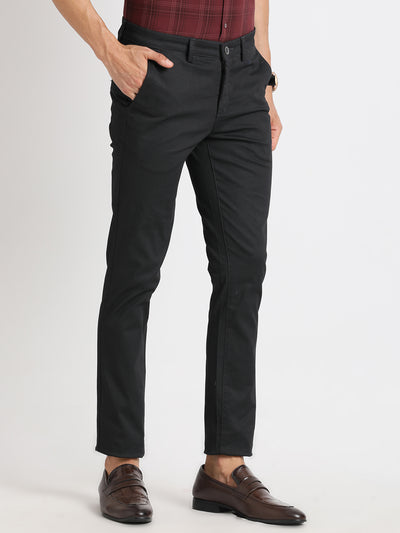 100% Cotton Black Plain Narrow Fit Flat Front Casual Trouser