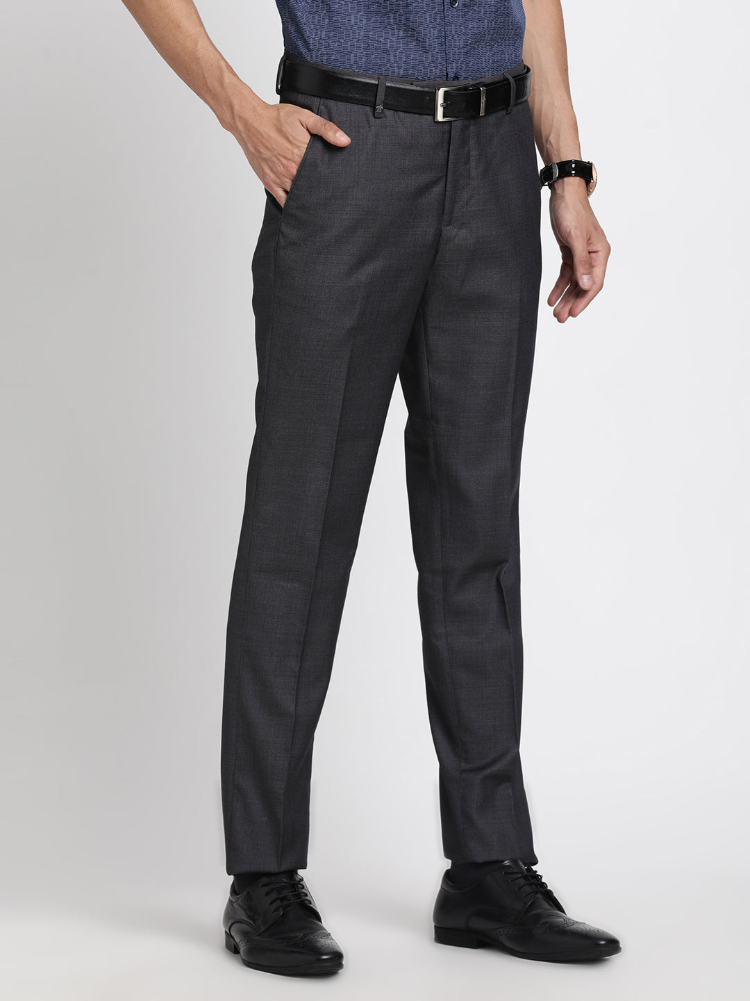 Terry Rayon Charcoal Plain Slim Fit Flat Front Formal Trouser